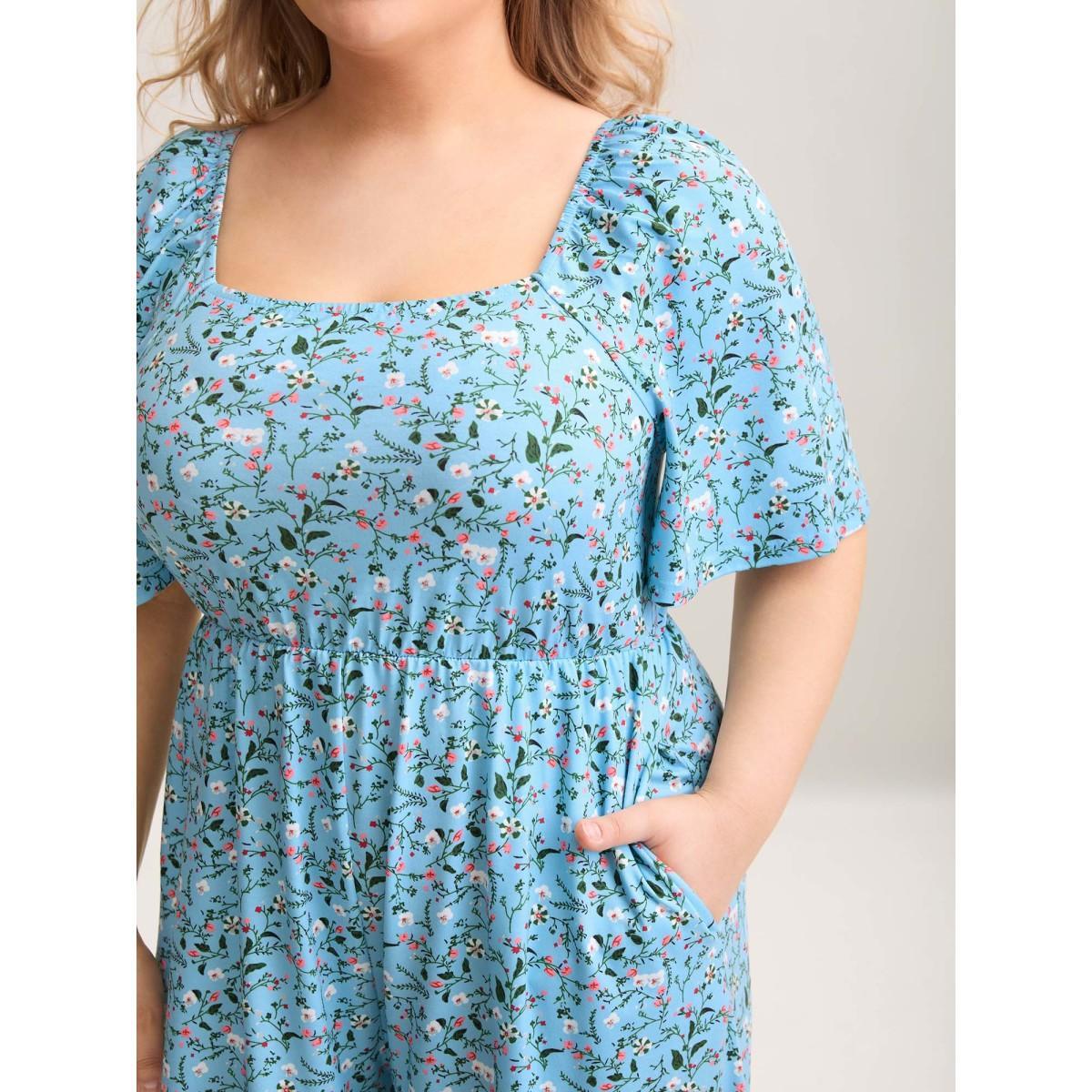 Plus Size Stone Floral Print Square Neck Knit Jumpsuit Women Elegant Short sleeve Square Neck Everyday-Elegant Loose Jumpsuits BloomChic 28/5X Product Image