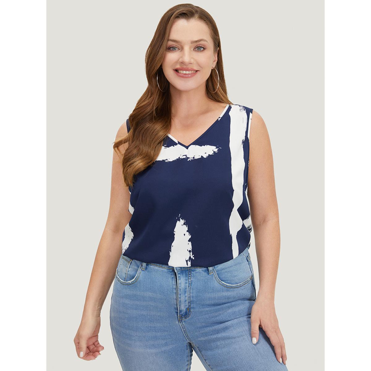 Plus Size Brush Print V Neck Tank Top Women Navy Casual V-neck Dailywear Tank Tops Camis BloomChic 22-24/3X Product Image