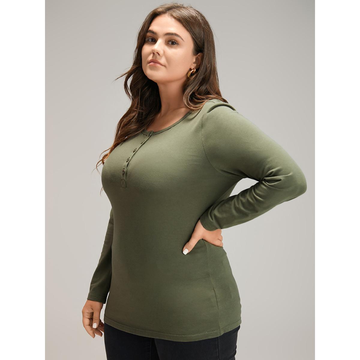Plus Size Cotton Solid Button Down T-shirt ArmyGreen Women Elegant Plain Plain Round Neck Dailywear T-shirts BloomChic 10/M Product Image