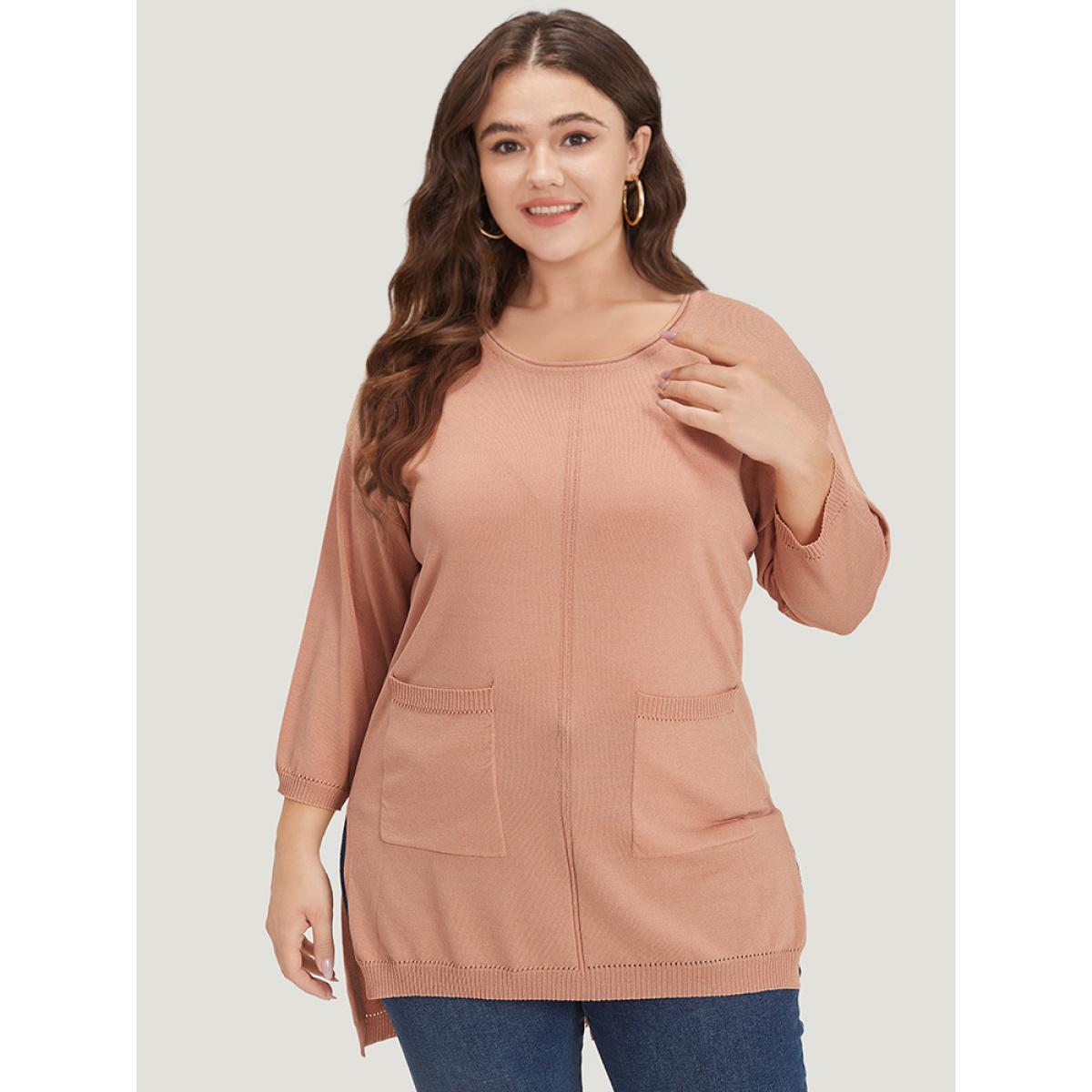 Plus Size Solid Patched Pocket Split Side High Low Hem Pullover Salmon Women Casual Loose Elbow-length sleeve Round Neck Dailywear Pullovers BloomChic 22-24/3X Product Image