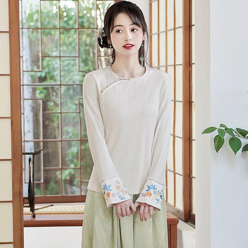 Long-Sleeve Floral Embroidered Top / High Waist Floral Jacquard Wide Leg Pants / Vest Product Image