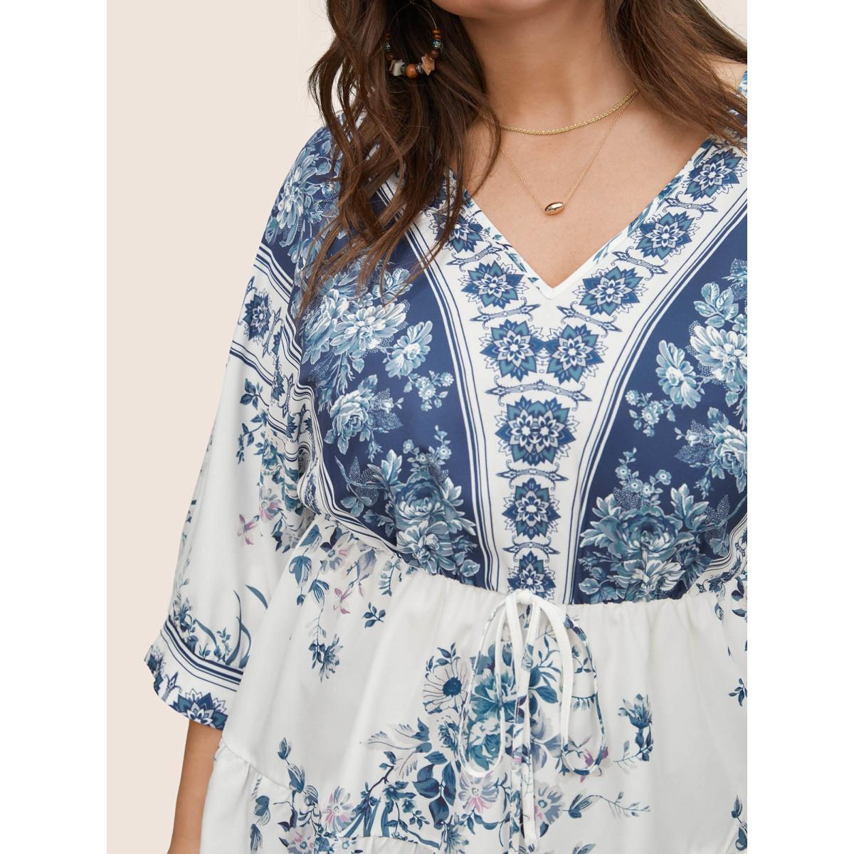 Plus Size Stone Boho Print Elastic Waist Ties Gathered Blouse Women Resort Elbow-length sleeve V-neck Vacation Blouses BloomChic 18-20/2X Product Image