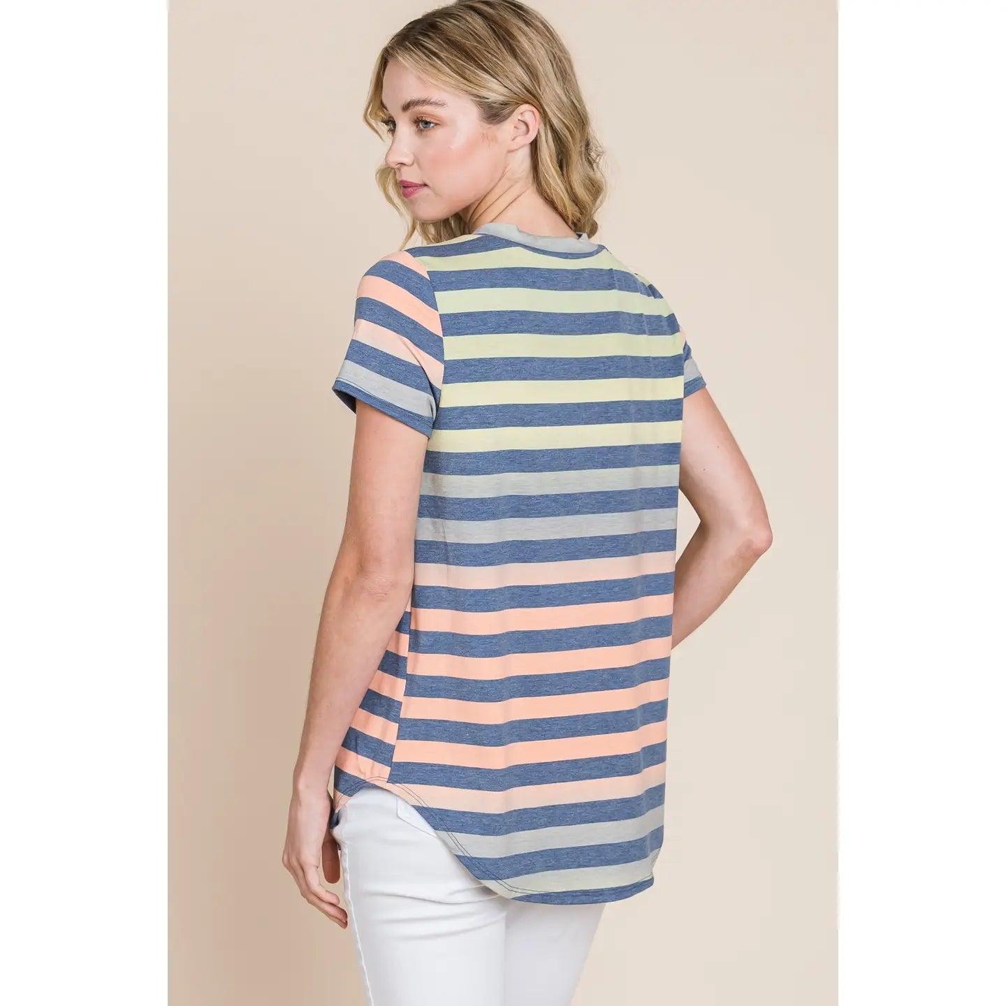 Women's Tshirt Button V-Neck Stripe Top Female Product Image