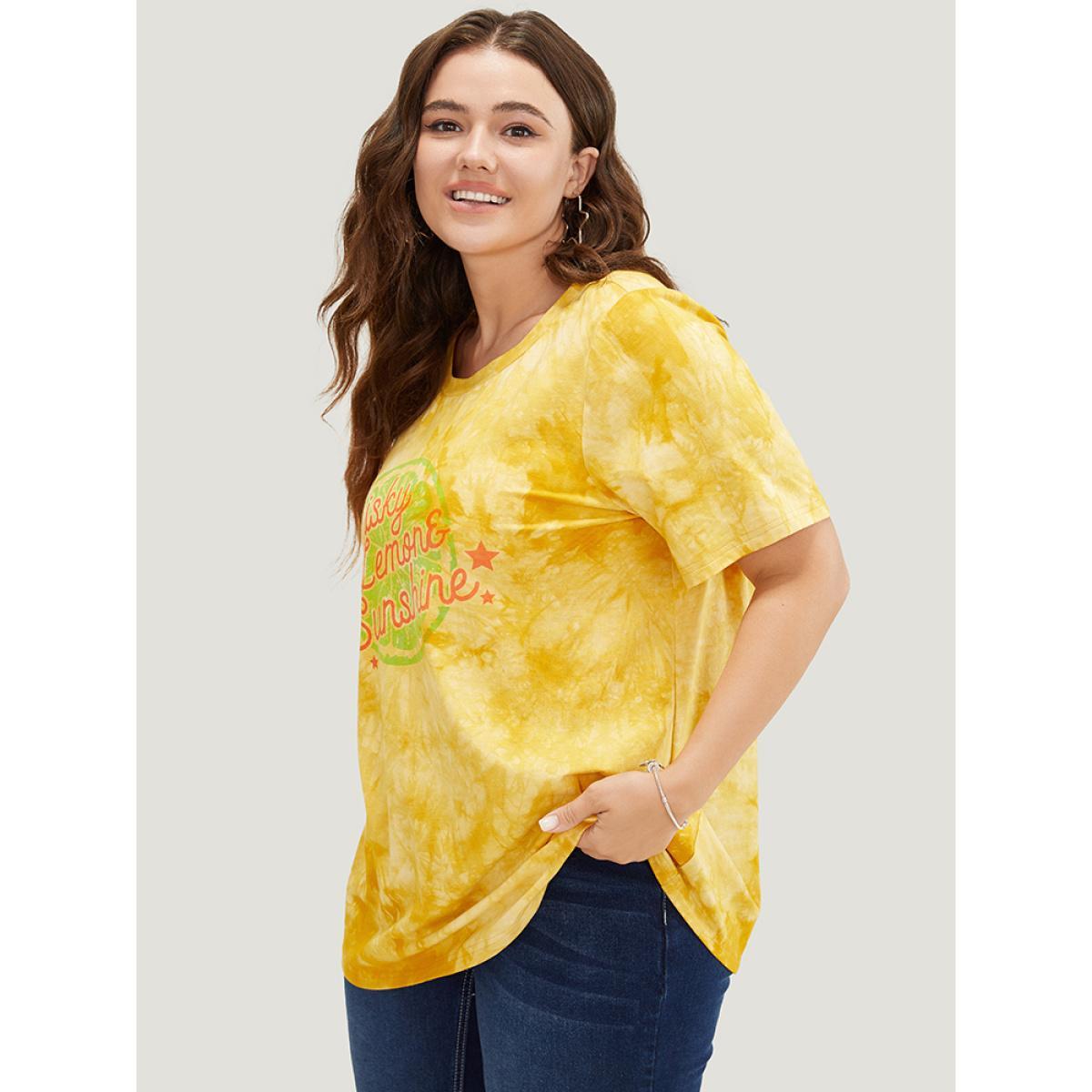 Plus Size Lemon & Letter Print Crew Neck Tie Dye T-shirt Yellow Women Casual Graphic Dailywear T-shirts BloomChic 14-16/1X Product Image