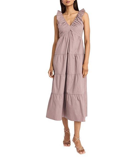 The Good Journey Ruffle V-Neck Smocked Back Tiered Cotton Poplin Midi Dress Product Image
