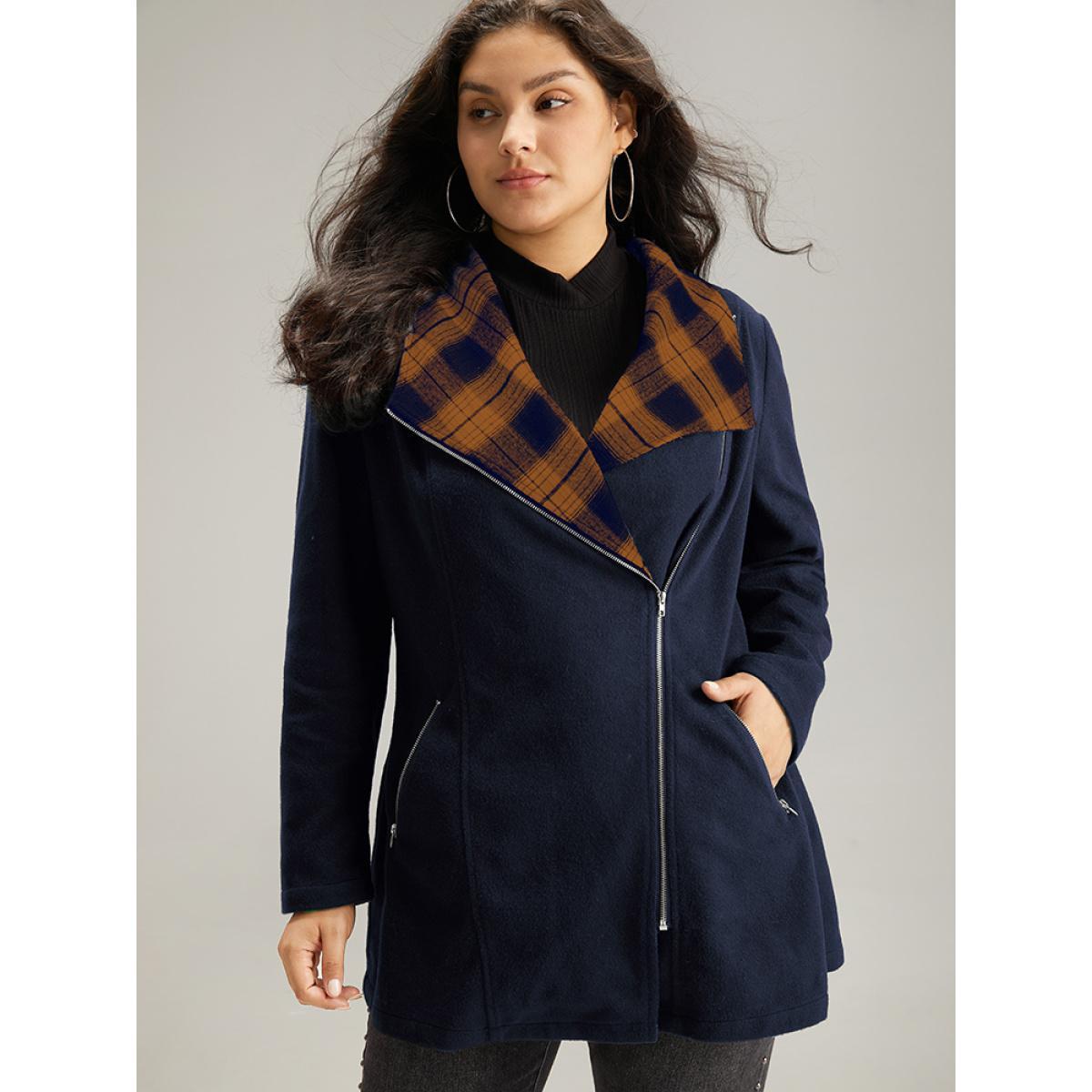 Plus Size Plaid Patchwork Lapel Collar Zipper Coat Women Navy Elegant Contrast Ladies Everyday Winter Coats BloomChic 14-16/1X Product Image