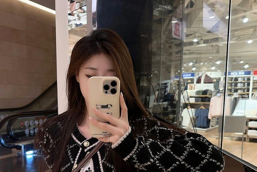 Long-Sleeve V-Neck Embroidered T-Shirt / Crew Neck Diamond Print Contrast Trim Button-Up Cardigan Product Image