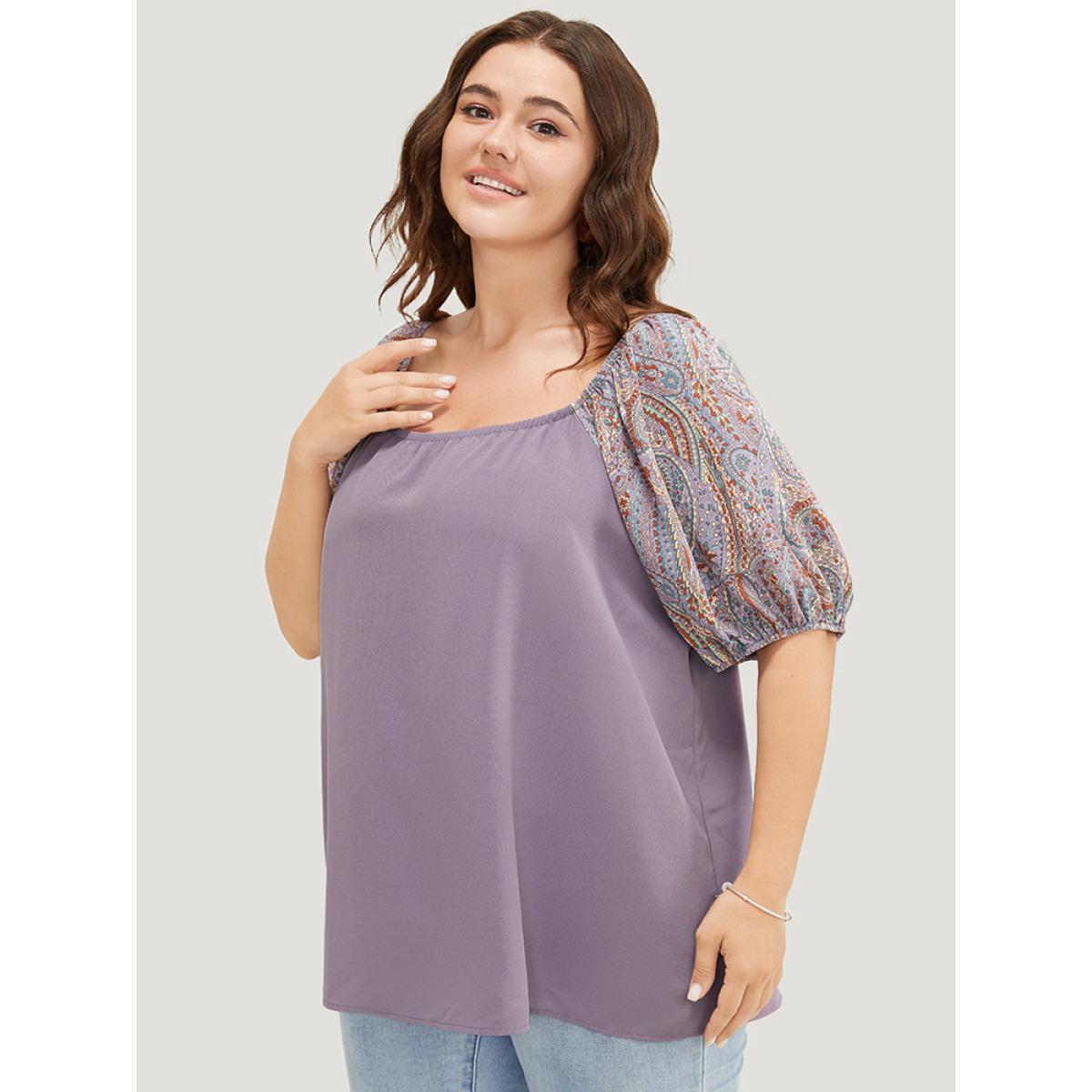 Plus Size Mauve Paisley Print Puff Sleeve Blouse Women Elegant Short sleeve Round Neck Dailywear Blouses BloomChic 22-24/3X Product Image