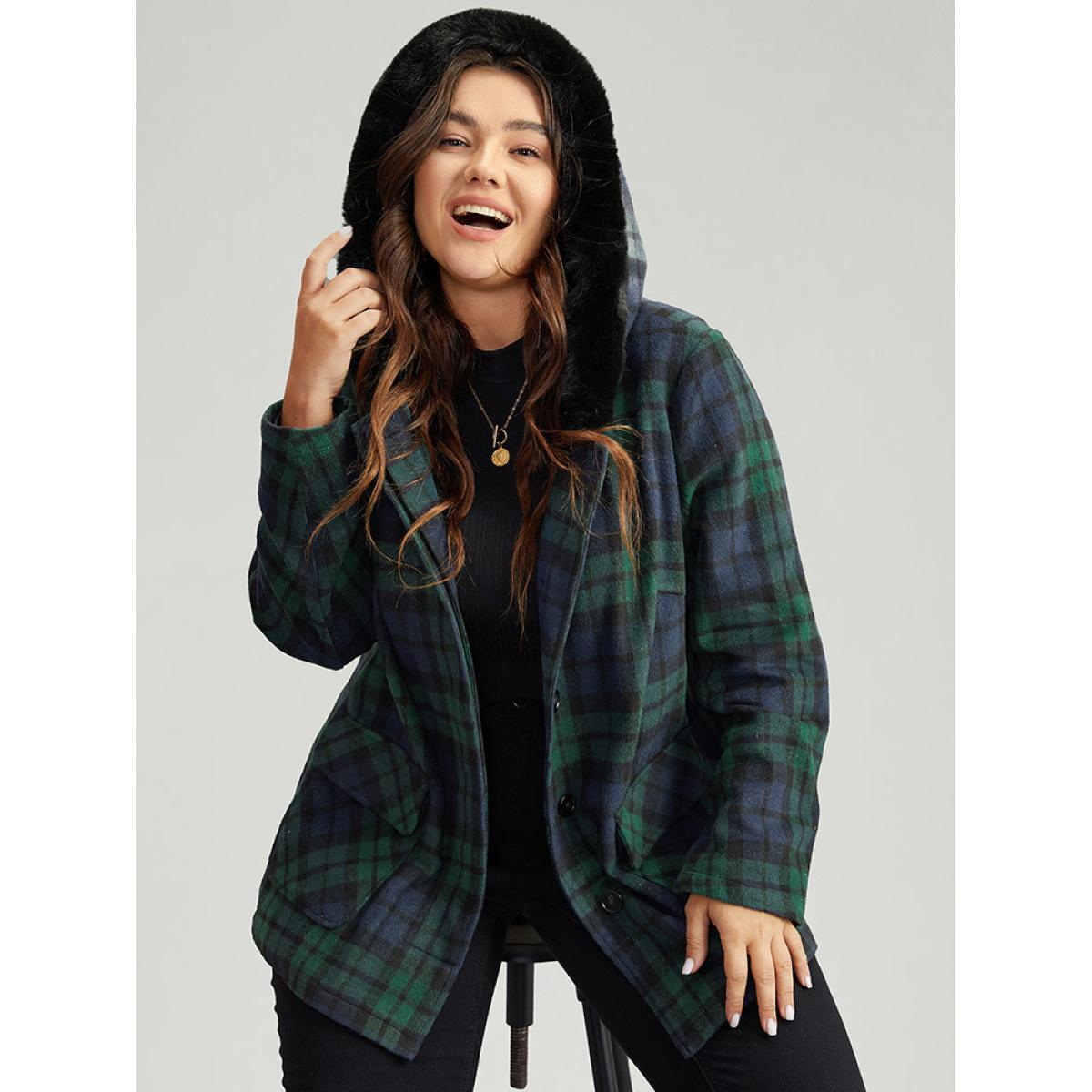 Plus Size Plaid Button Fly Hooded Fuzzy Trim Coat Women Emerald Casual Contrast Ladies Dailywear Winter Coats BloomChic 14-16/1X Product Image