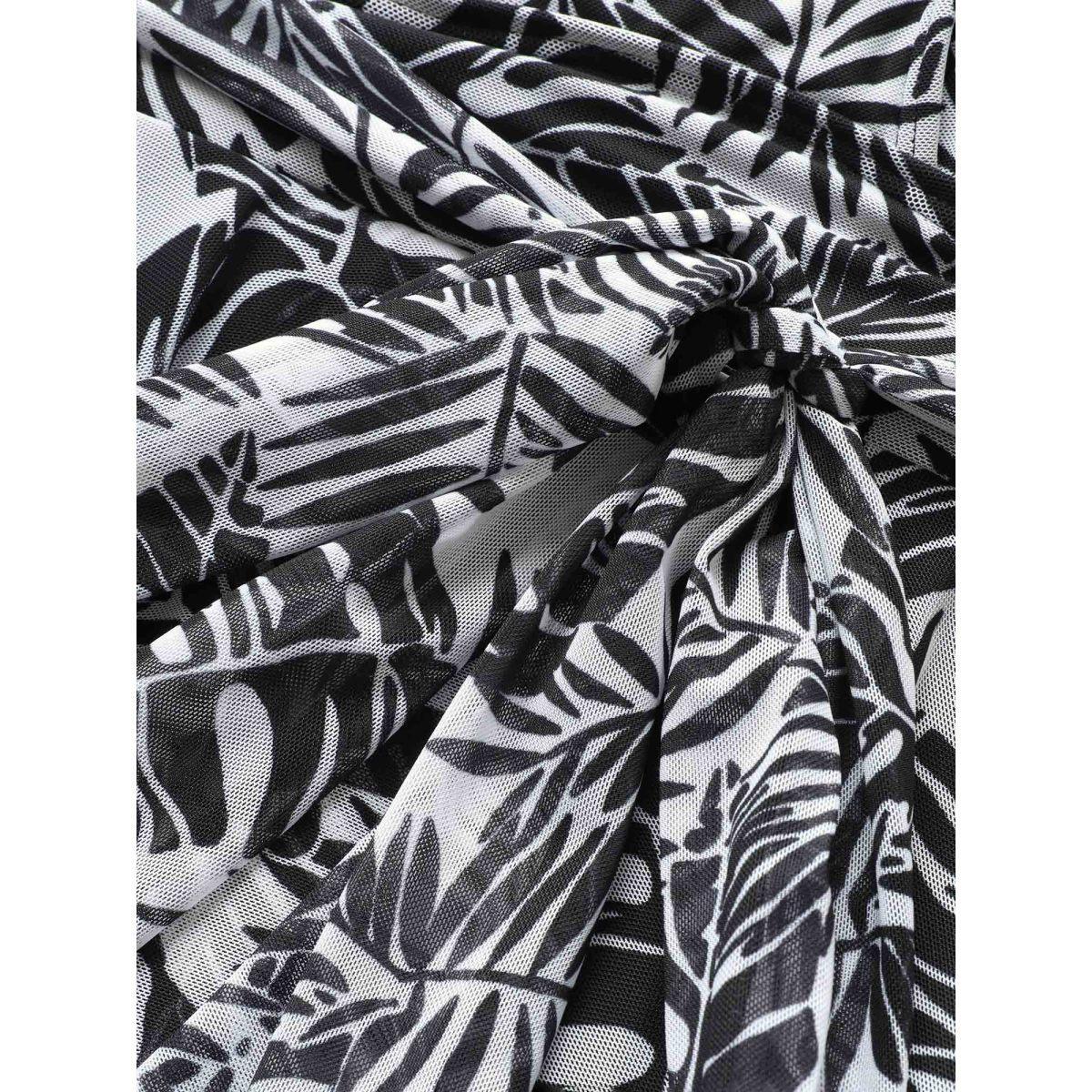 Plus Size Tropical Print Tie Knot Wrap Gathered Swim Dress Women's Swimwear Black Beach Bodycon V-neck High stretch Curve Swim Dresses BloomChic 26/4X Product Image