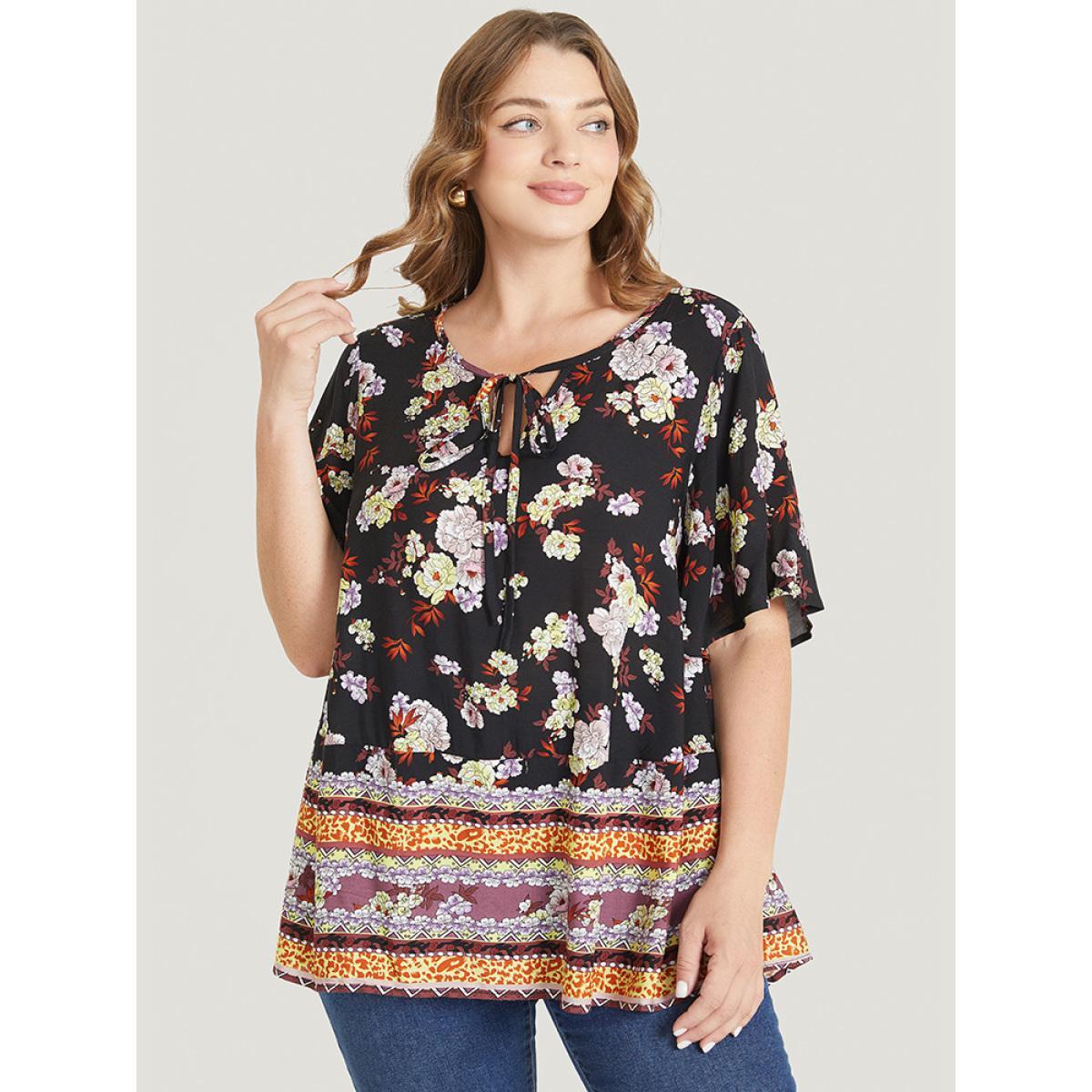 Plus Size BlackFlower Bandana Flutter Sleeve Tie Neck Cut Out Blouse Women Vacation Short sleeve V-neck Dailywear Blouses BloomChic 22-24/3X Product Image