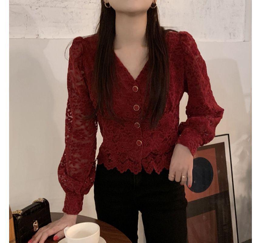 Long-Sleeve V-Neck Lace Cropped Blouse Product Image