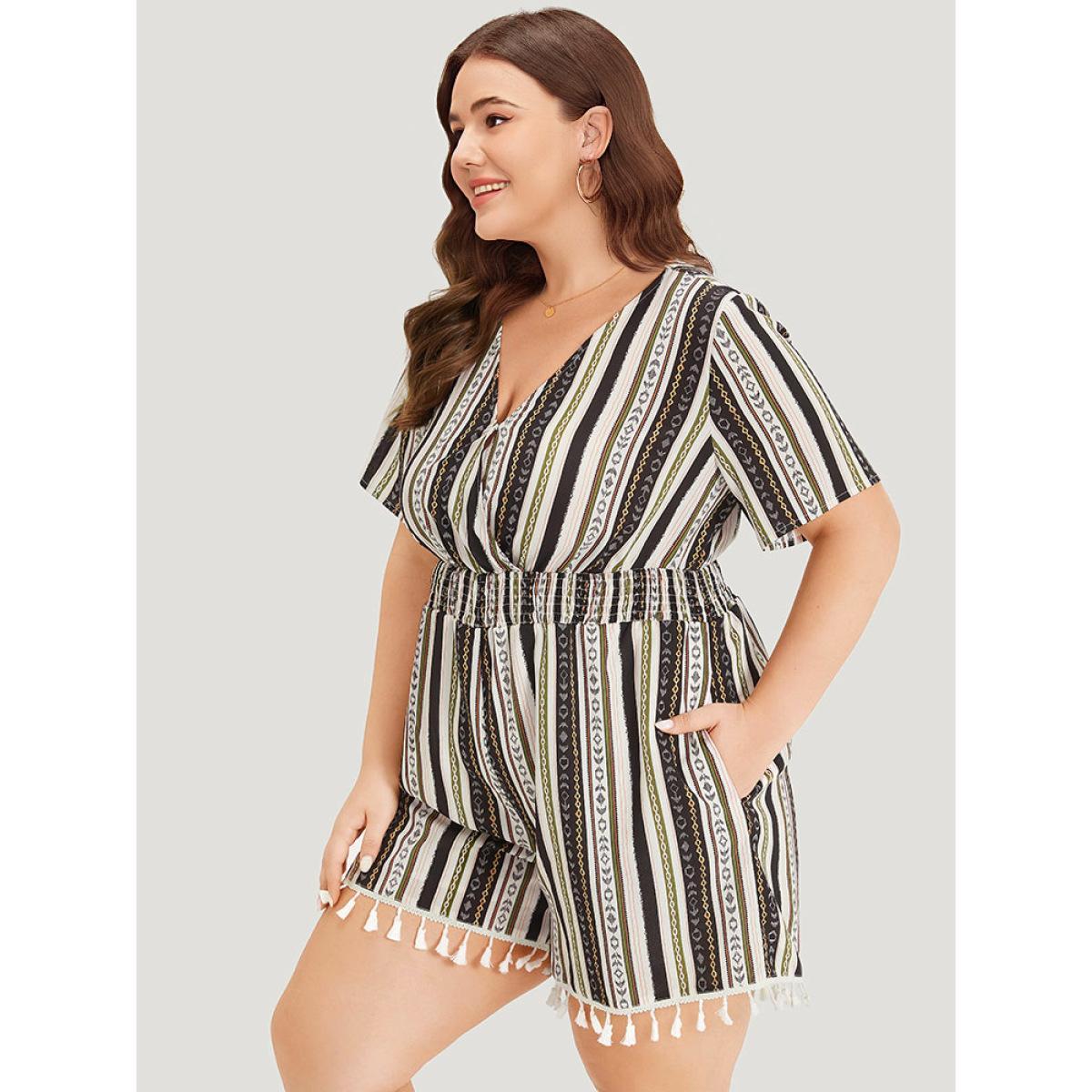 Plus Size Multicolor Boho Print Shirred Cut Out Tassel Trim Romper Women Elegant Short sleeve V-neck Dailywear Loose Jumpsuits BloomChic 28/5X Product Image
