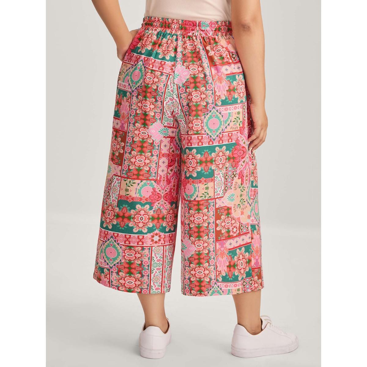Plus Size Floral Collage Stretchy Waist Wide-Leg Pants Women Multicolor Casual Wide Leg Mid Rise Everyday-Casual Pants BloomChic 28/5X Product Image