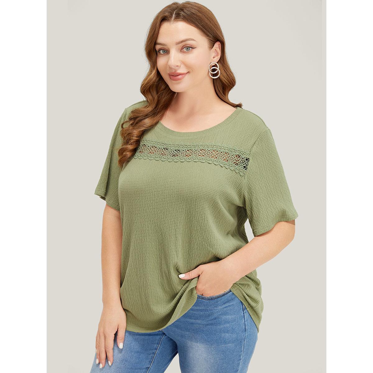 Plus Size Plain Textured Contrast Lace Crew Neck T-shirt Sage Women Elegant Plain Round Neck Dailywear T-shirts BloomChic 14-16/1X Product Image