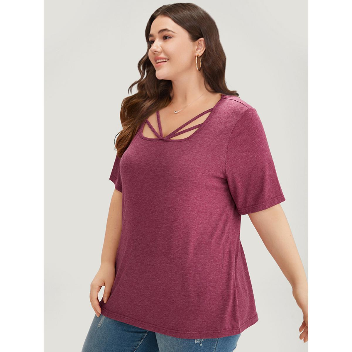 Plus Size Plain Heather Crisscross Square Neck T-shirt Burgundy Women Casual Plain Plain Square Neck Dailywear T-shirts BloomChic 10/M Product Image