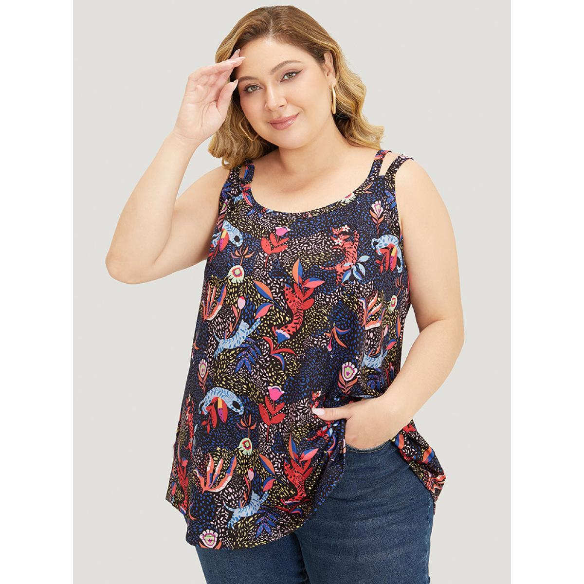 Plus Size Cat & Plant Print Sleeveless Cut Out Cami Top Women Navy Casual Cut-Out V-neck Dailywear Tank Tops Camis BloomChic 22-24/3X Product Image