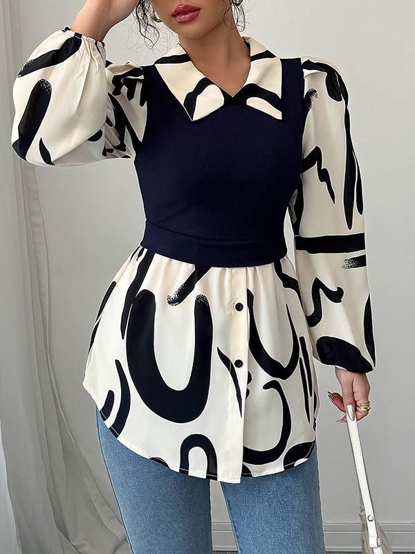 Long Sleeves Loose Buttoned Contrast Color Pleated Split-Joint Lapel Blouses&Shirts Tops Product Image