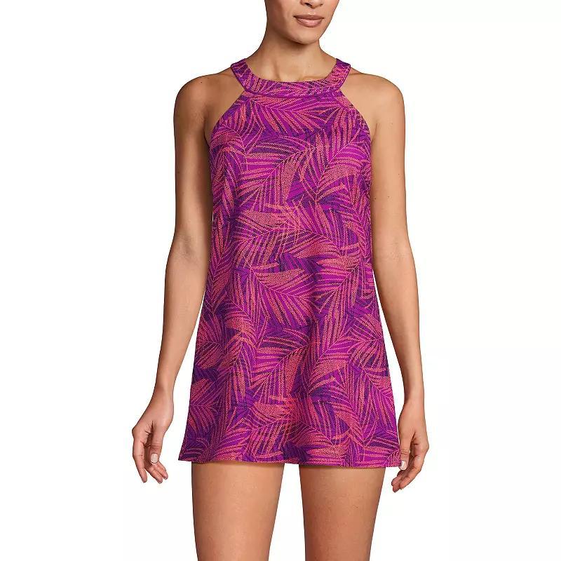 Womens Lands End UPF 50 High Neck One-Piece Swim Dress Blue Team Stripe Product Image