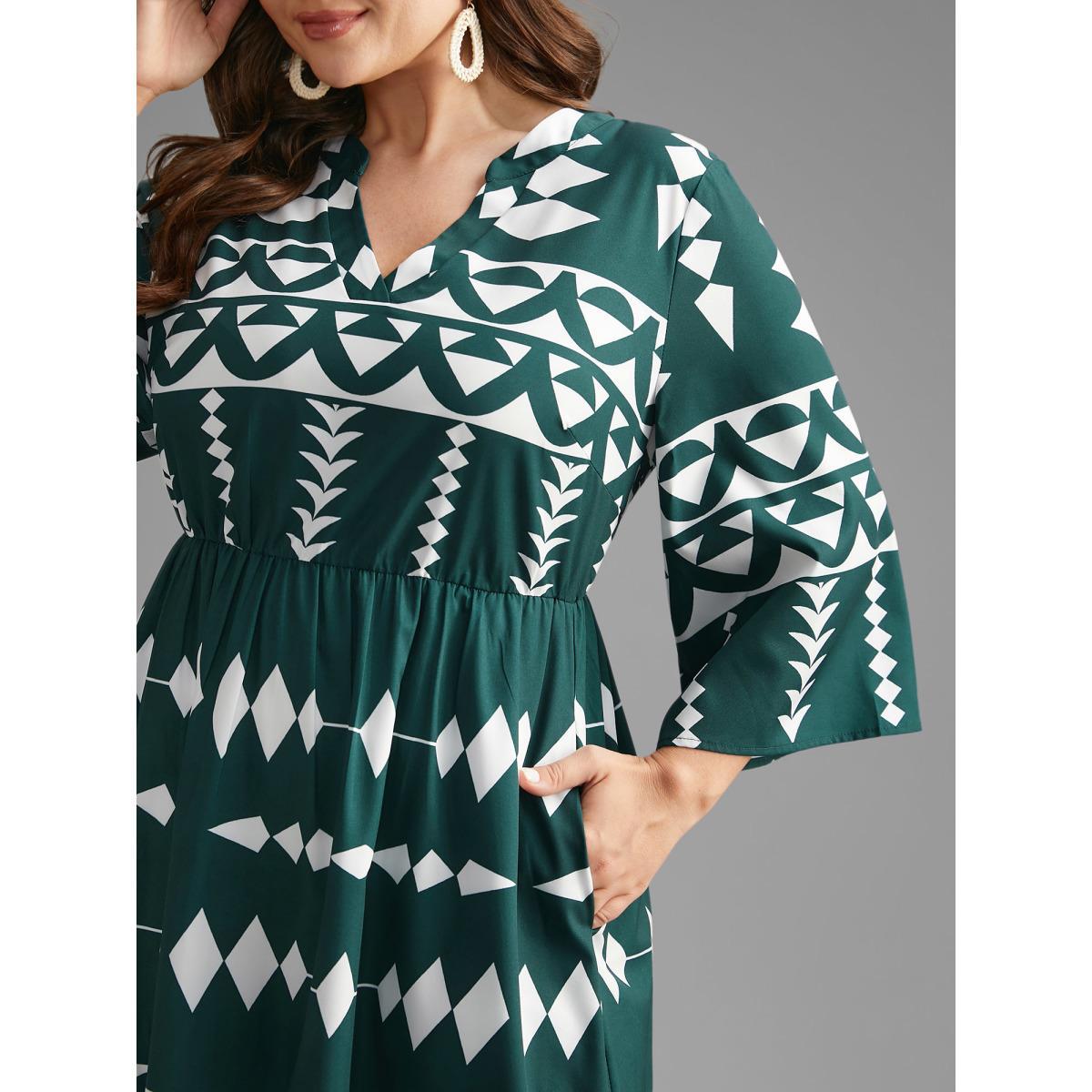 Plus Size Geometric Pattern Elastic Waist Midi Dress Cyan Women Resort Non Flat collar with V-notch Elbow-length sleeve Curvy BloomChic 18-20/2X Product Image