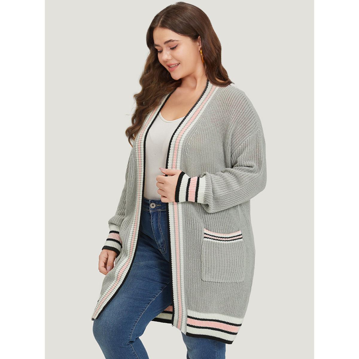 Plus Size Striped Contrast Drop Shoulder Elastic Cuffs Cardigan LightGray Women Casual Loose Long Sleeve Dailywear Cardigans BloomChic 26/4X Product Image