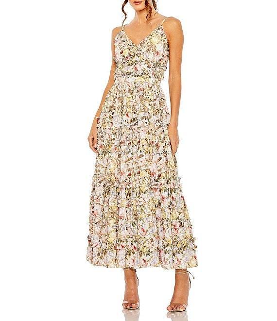 Mac Duggal Floral Print V-Neck Spaghetti Strap Ruffle Embellished A-Line Dress Product Image