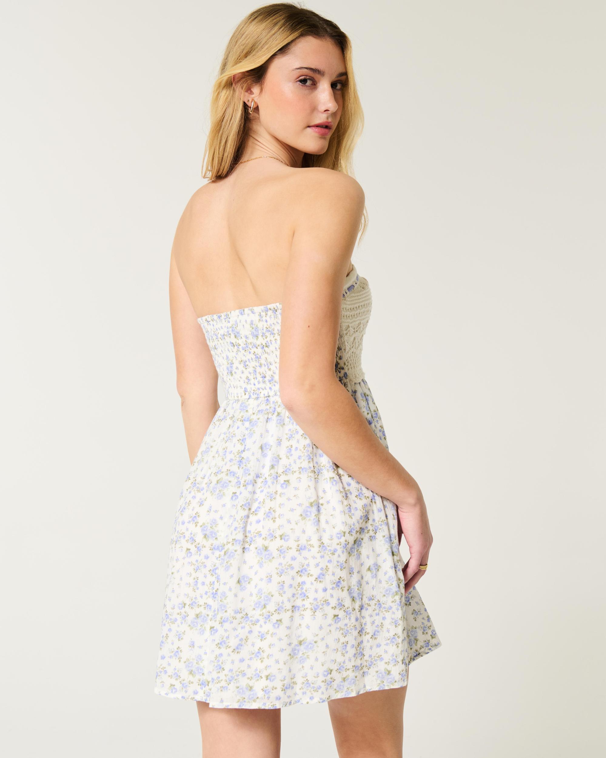 Strapless Crochet-Style Mix Mini Dress Product Image
