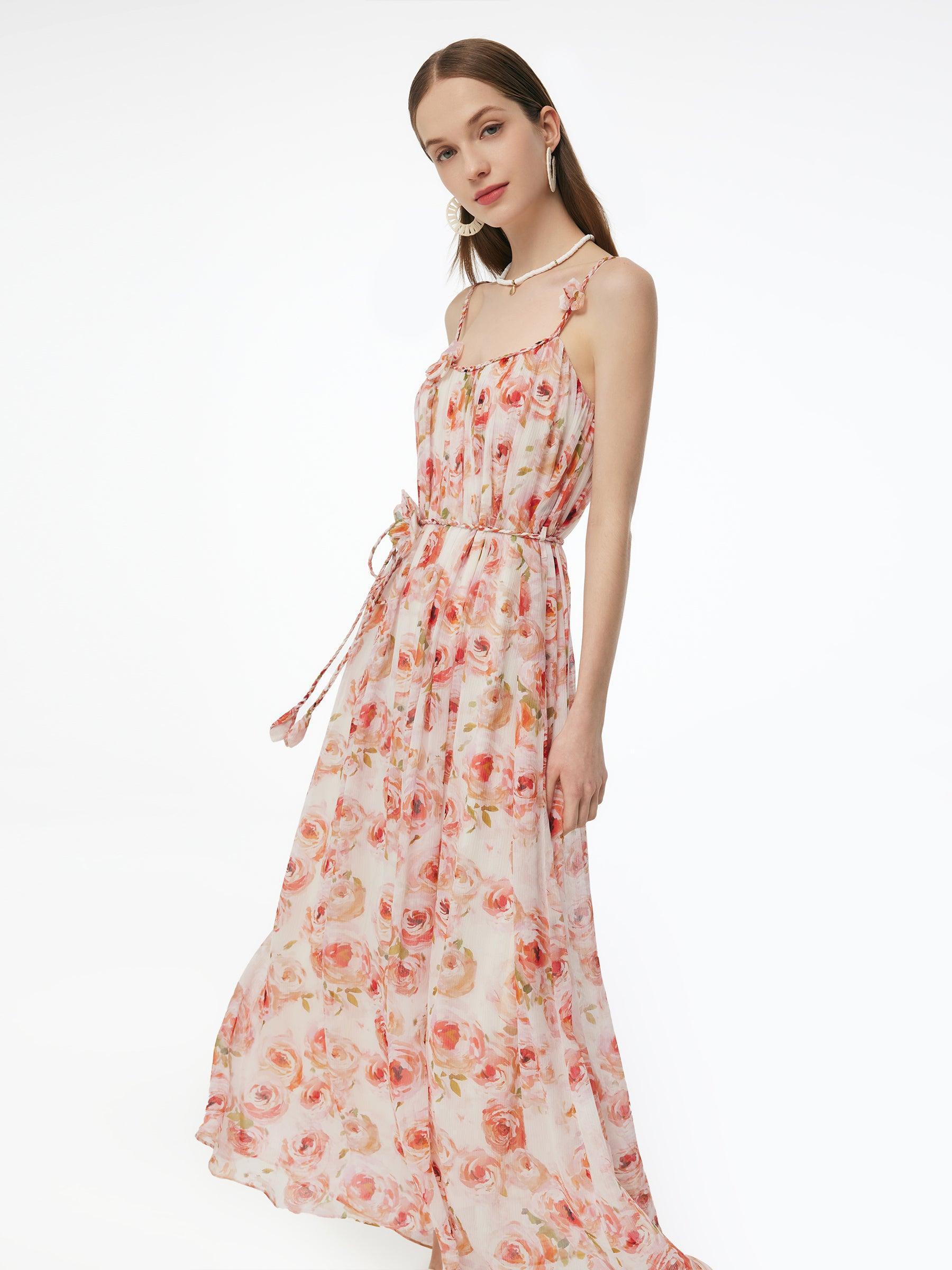 10MM Mulberry Silk Rose Print Women Strap Maxi Dress Product Image