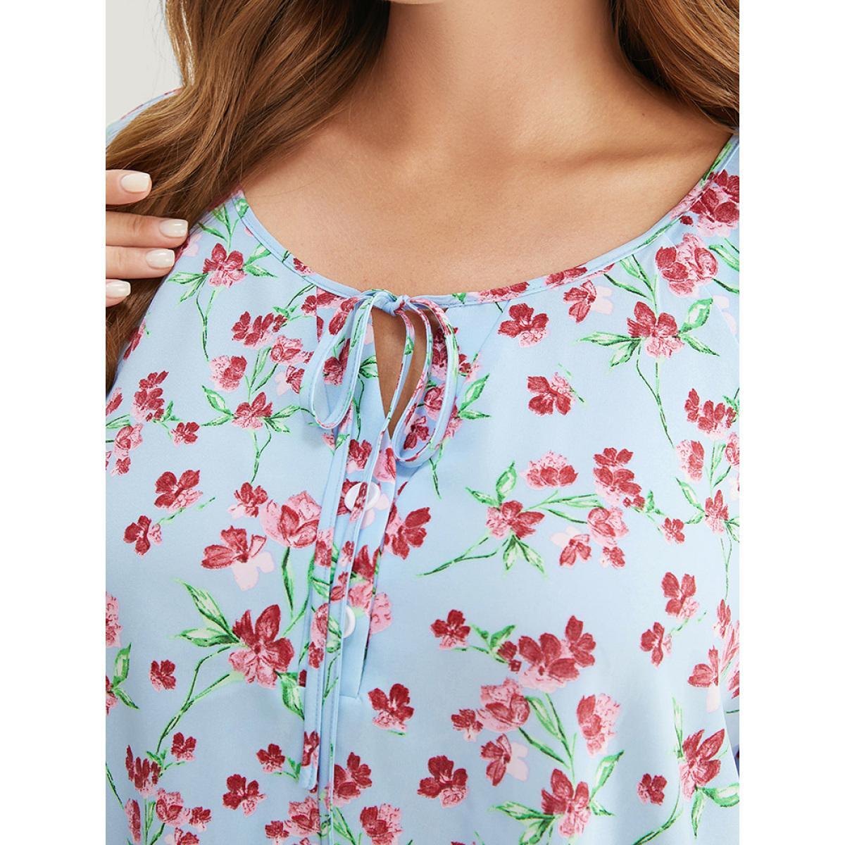 Plus Size LightBlue Ditsy Floral Keyhole Knot Neck Tiered Sleeve Blouse Women Elegant Short sleeve Round Neck Dailywear Blouses BloomChic 22-24/3X Product Image