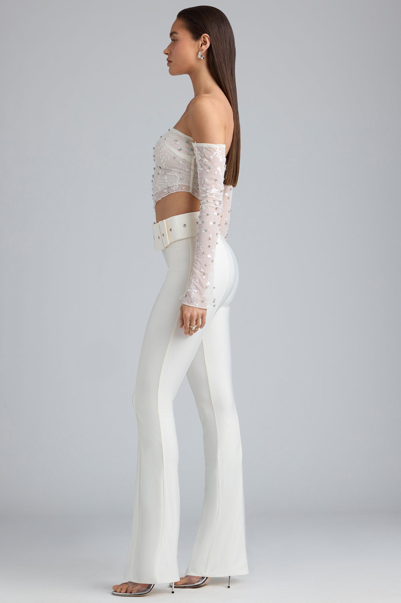 Metallic Belted Mid-Rise Flared Trousers in Ivory Product Image