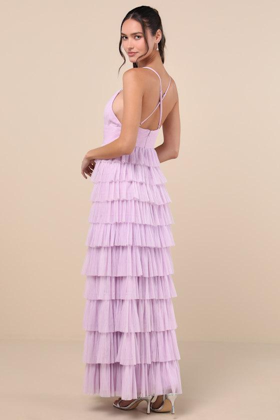 Radiant Event Lavender Mesh Tiered Ruffled Backless Maxi Dress Product Image