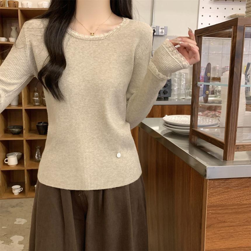 Long-Sleeve Round Neck Lace Trim Slim Fit Knit Top Product Image