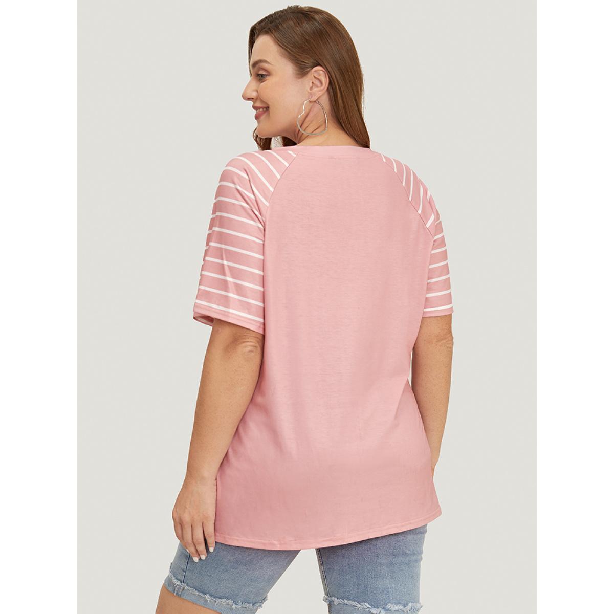 Plus Size Striped Contrast Raglan Sleeve V Neck T-shirt Crepe Women Casual Patchwork Striped V-neck Dailywear T-shirts BloomChic 28/5X Product Image
