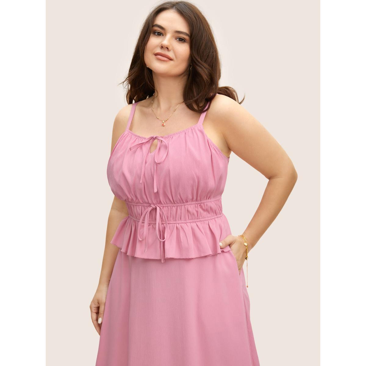 Plus Size Plain Textured Tie Knot Ruffles Cami Dress Blush Women Elegant Tie knot Non Sleeveless Curvy BloomChic 30/6X Product Image