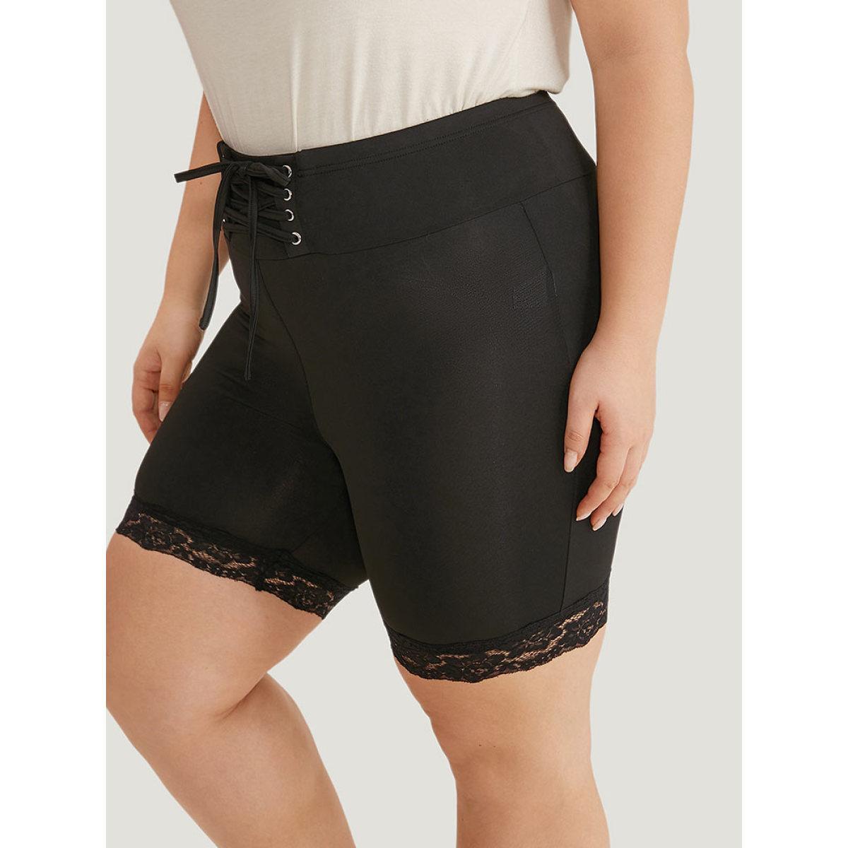 Plus Size Solid Lace Up Guipure Lace Leggings Women Black Casual High stretch Skinny Mid Rise Dailywear Leggings BloomChic 14-16/1X Product Image