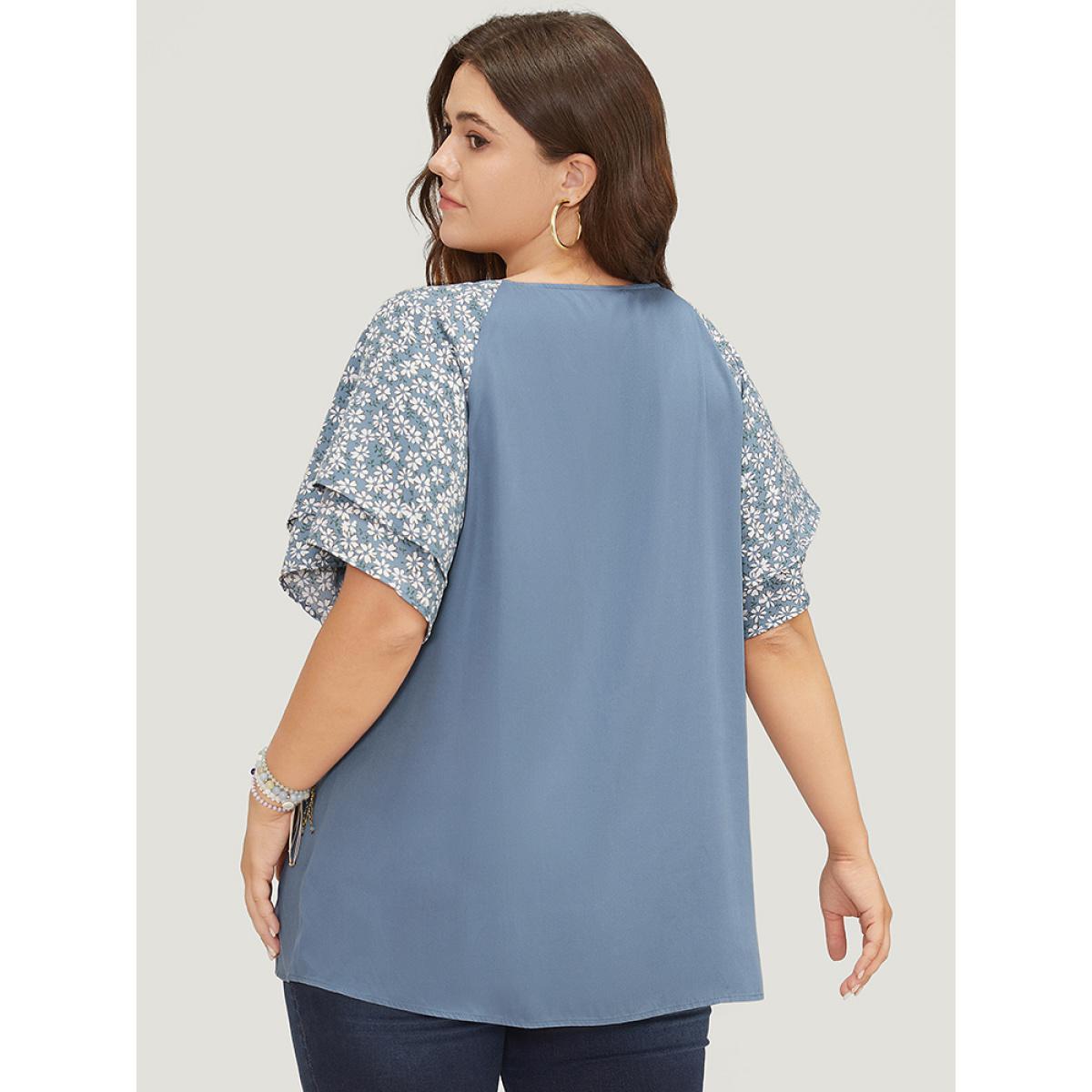 Plus Size Stone Ditsy Floral Raglan Sleeve Ruffle Tiered Lace Up Blouse Women Elegant Short sleeve Tie Neck Dailywear Blouses BloomChic 12/L Product Image
