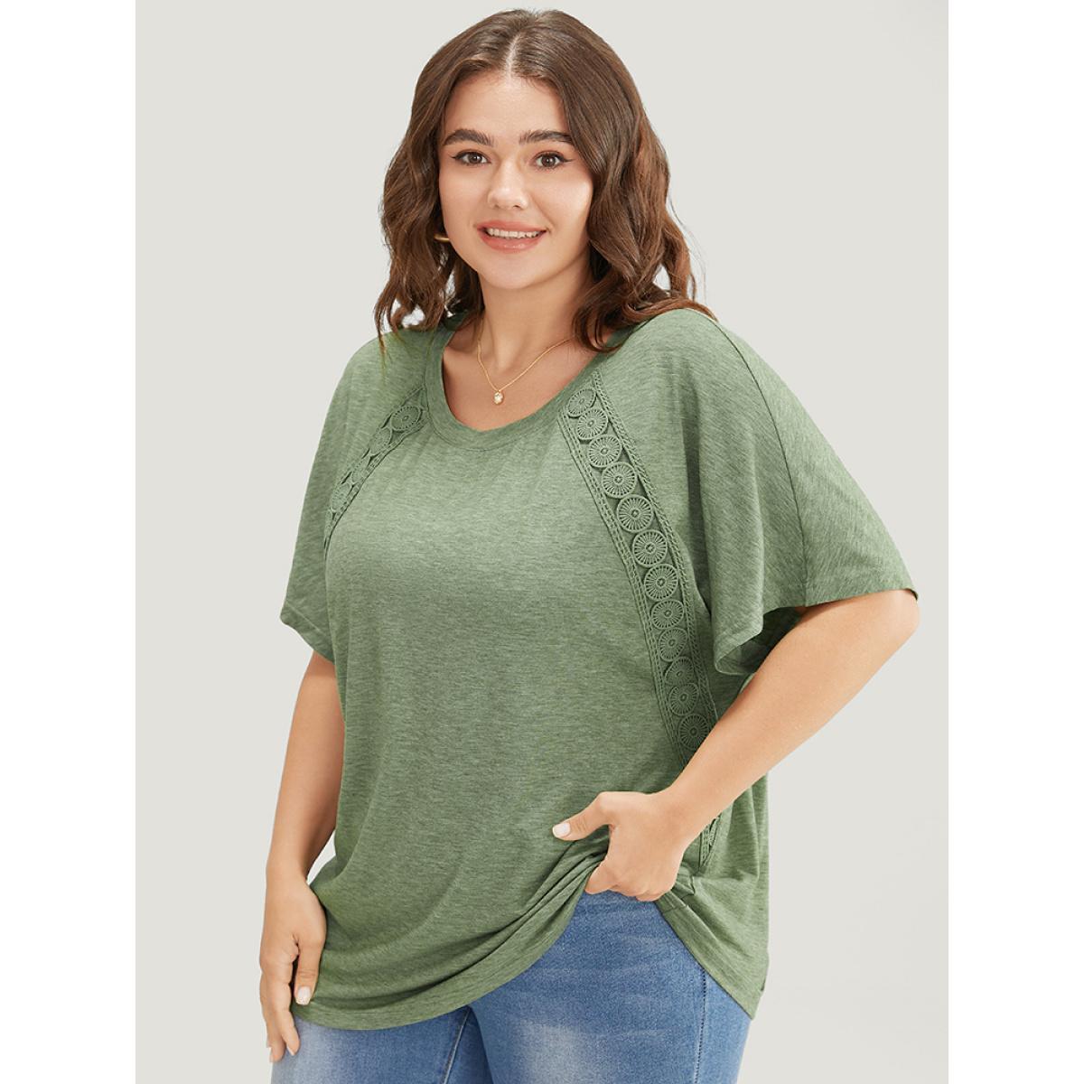 Plus Size Solid Contrast Lace Ruffle Sleeve T-shirt Sage Women Elegant Lace Plain Round Neck Everyday T-shirts BloomChic 12/L Product Image