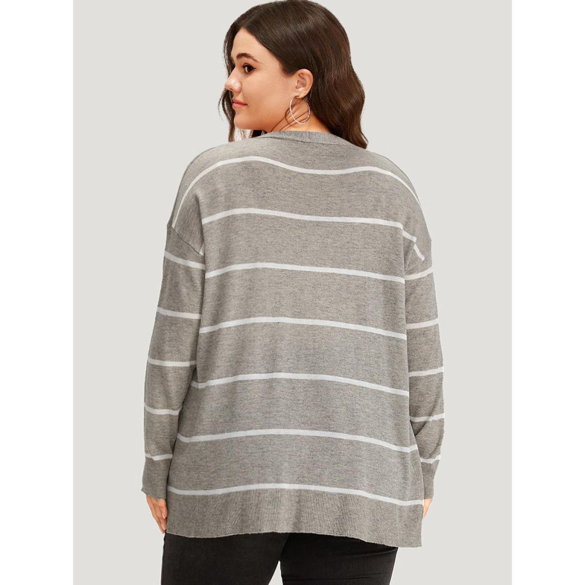Plus Size Supersoft Essentials Striped Button Through Elastic Cuffs Cardigan DarkGray Women Casual Loose Long Sleeve Dailywear Cardigans BloomChic 26/4X Product Image