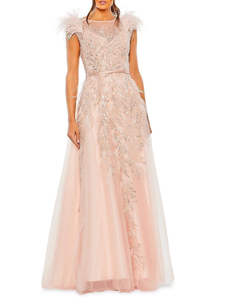 Mac Duggal Beaded Illusion Crew Neck Feather Cap Sleeve A Product Image