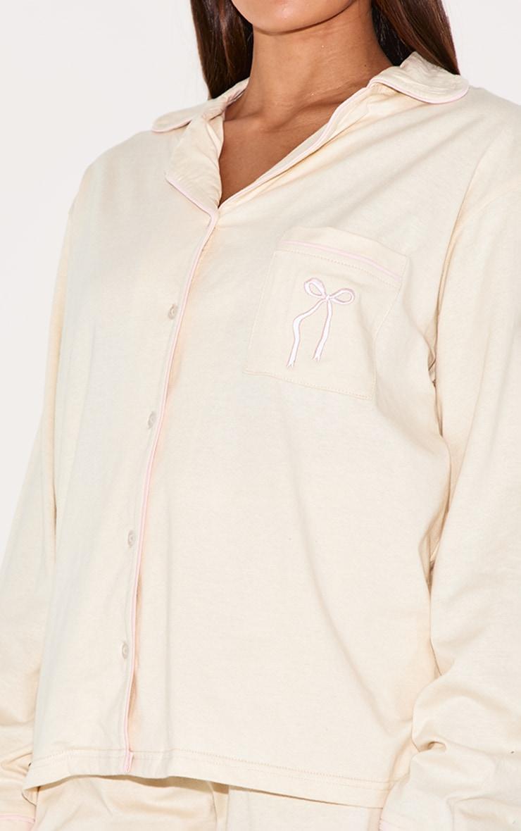 Cream Bow Embroidered Jersey Contrast Piping Long Pj Set Product Image