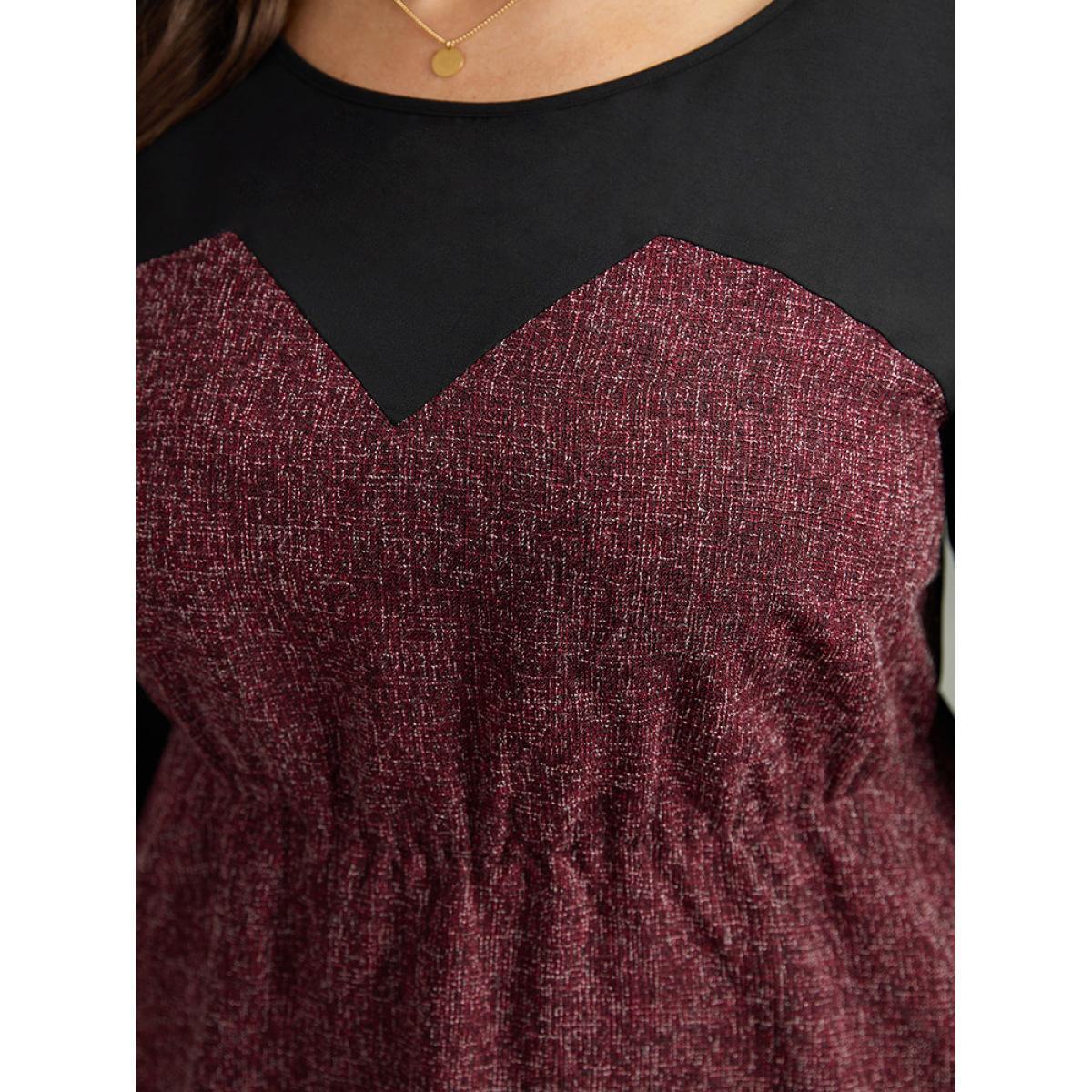 Plus Size Burgundy Contrast Patchwork Lantern Sleeve Elastic Waist Blouse Women Elegant Long Sleeve Round Neck Festival-Christmas Blouses BloomChic 22-24/3X Product Image