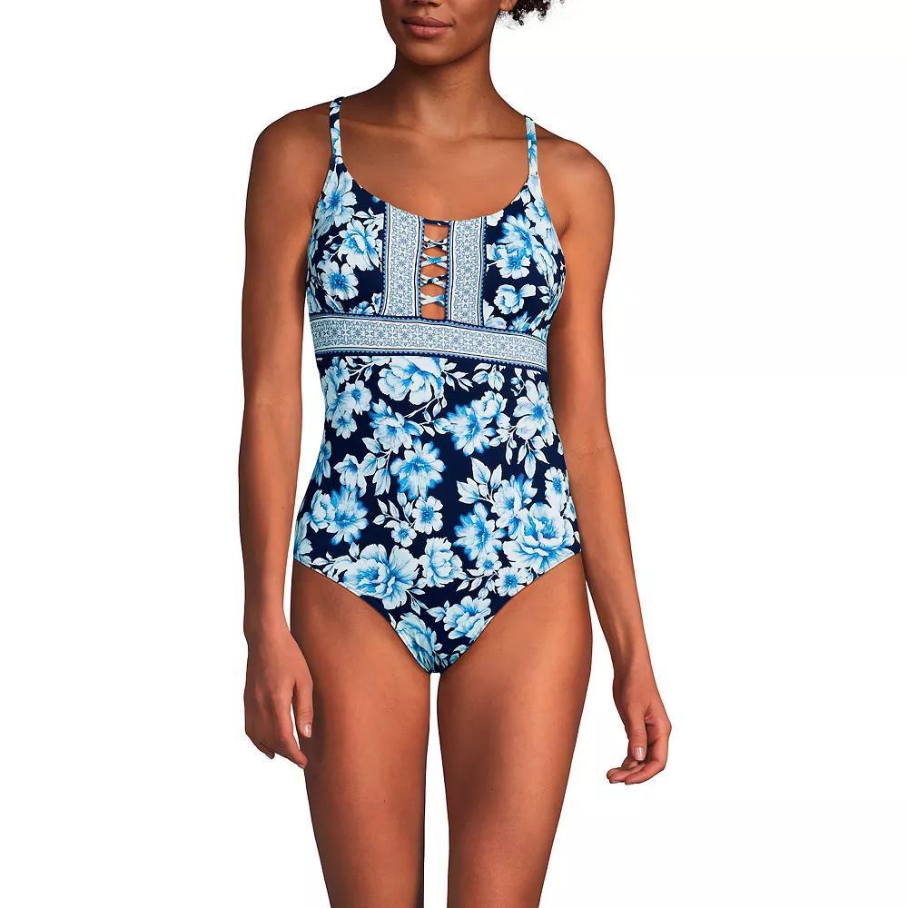 Women's Lands' End Front Lace-Up Scoopneck One-Piece Swimsuit, Size: 10, Deep  Blue Floral Product Image