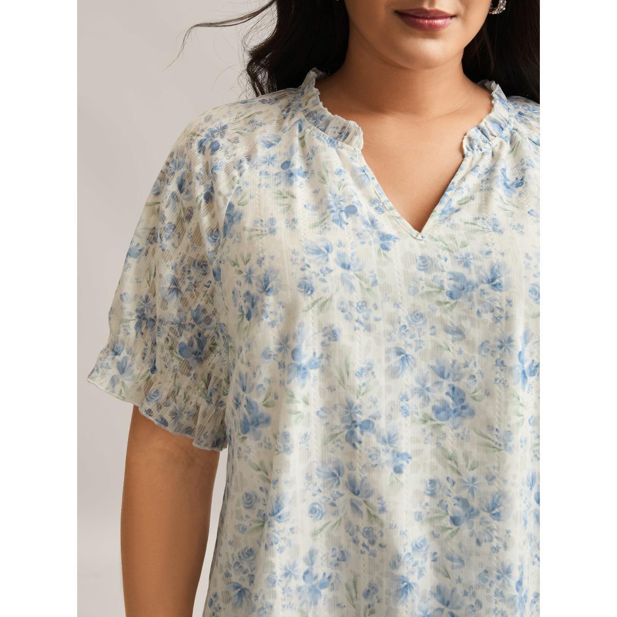 Plus Size Multicolor Floral Print Embroidered Petal Trim Blouse Women Short sleeve Notched collar Everyday-Elegant Blouses BloomChic 28/5X Product Image