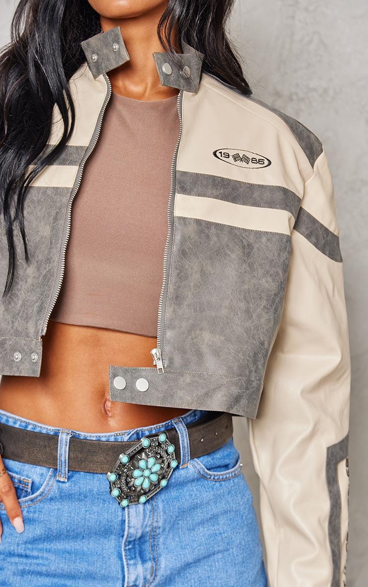 Stone Cropped Distressed Faux Leather Racer Jacket Product Image