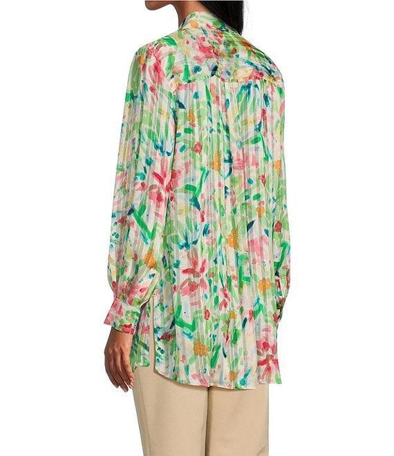Investments Woven Multi Airbrush Floral Long Sleeve Point Collar Button Front Top Product Image