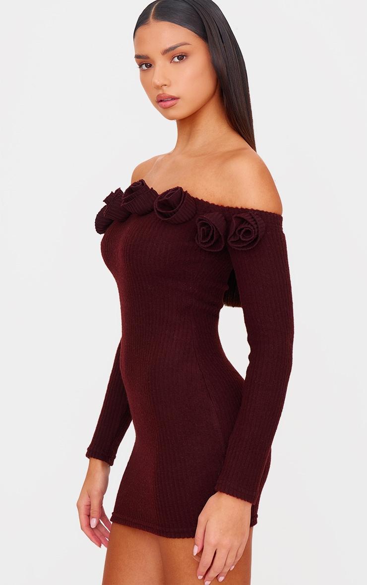 Chocolate Brushed Rib Corsage Detail Bardot Bodycon Dress Product Image