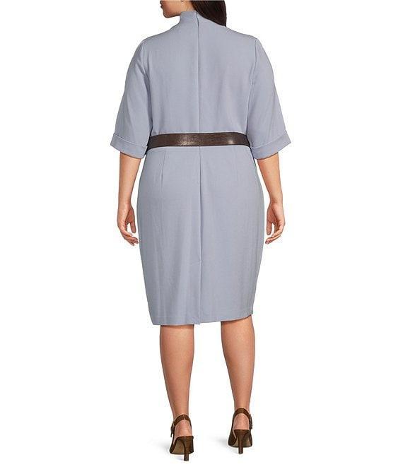 Donna Karan Plus Size Cady Crepe V-Neck Short Sleeve Belted Sheath Dress Product Image