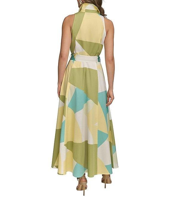 Donna Karan Sateen Button Front Collar Sleeveless Geometric Print Dress Product Image
