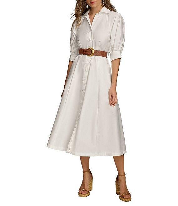 Donna Karan 3/4 Sleeve Collared Neck Belted Pocketed Sateen Midi Dress Product Image