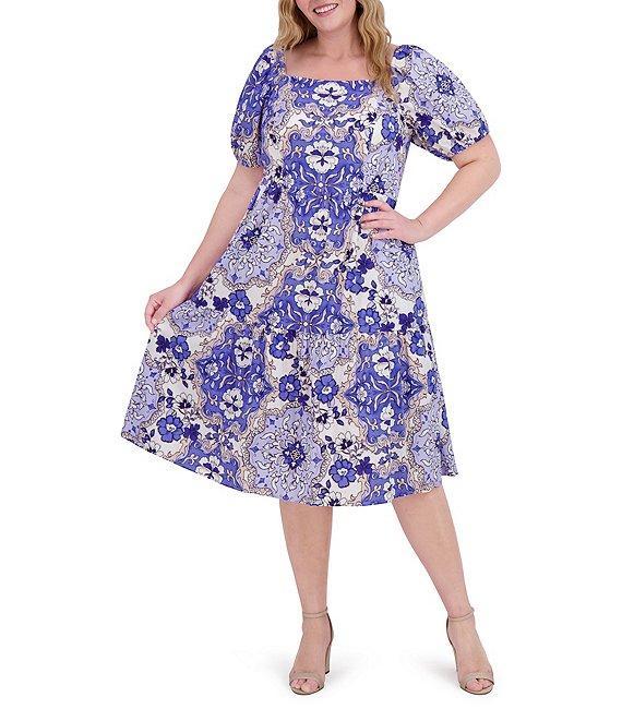 Vince Camuto Plus Size Square Neck Short Puff Sleeve A-Line Midi Dress Product Image